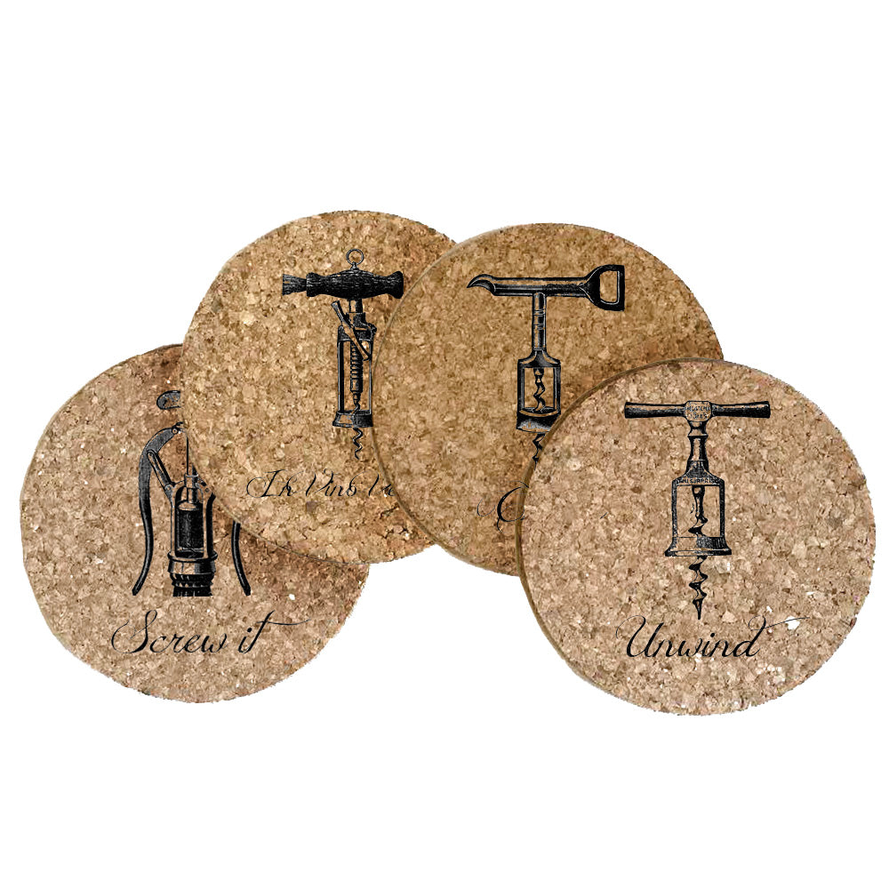 Vintage Wine Corkscrews Cork Coaster Set of 4
