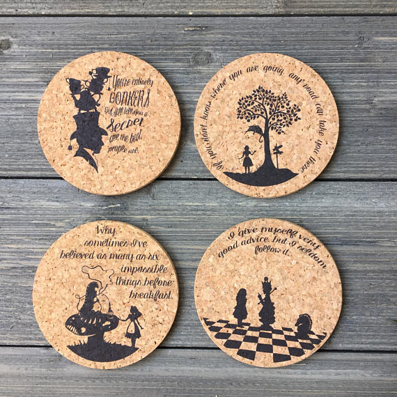 alice in wonderland quotes cork coaster set
