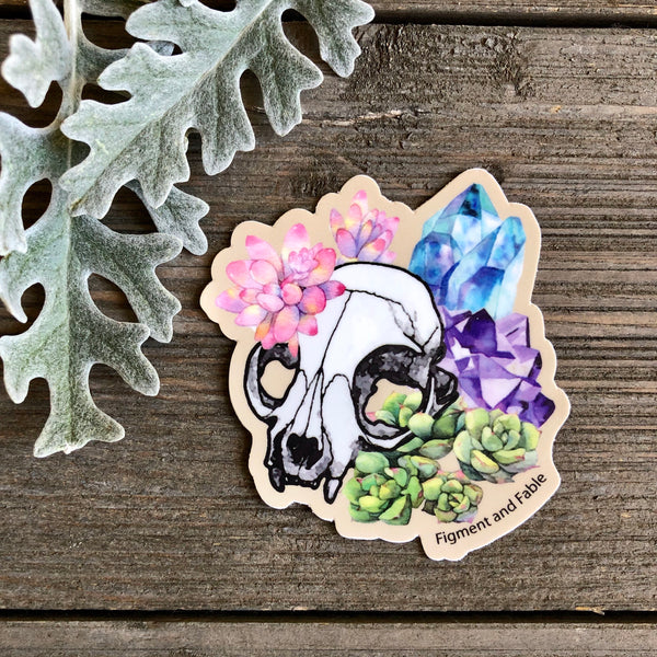 cat skull with crystals vinyl sticker