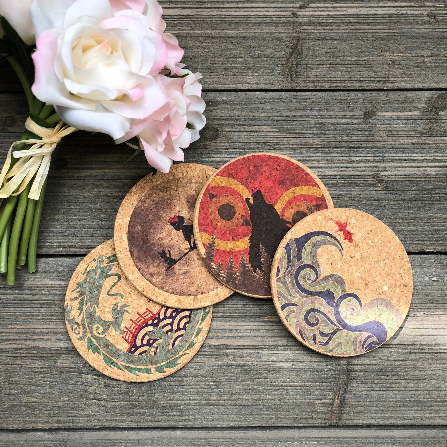 Japanese Anime Themed Cork Coaster Set of 4