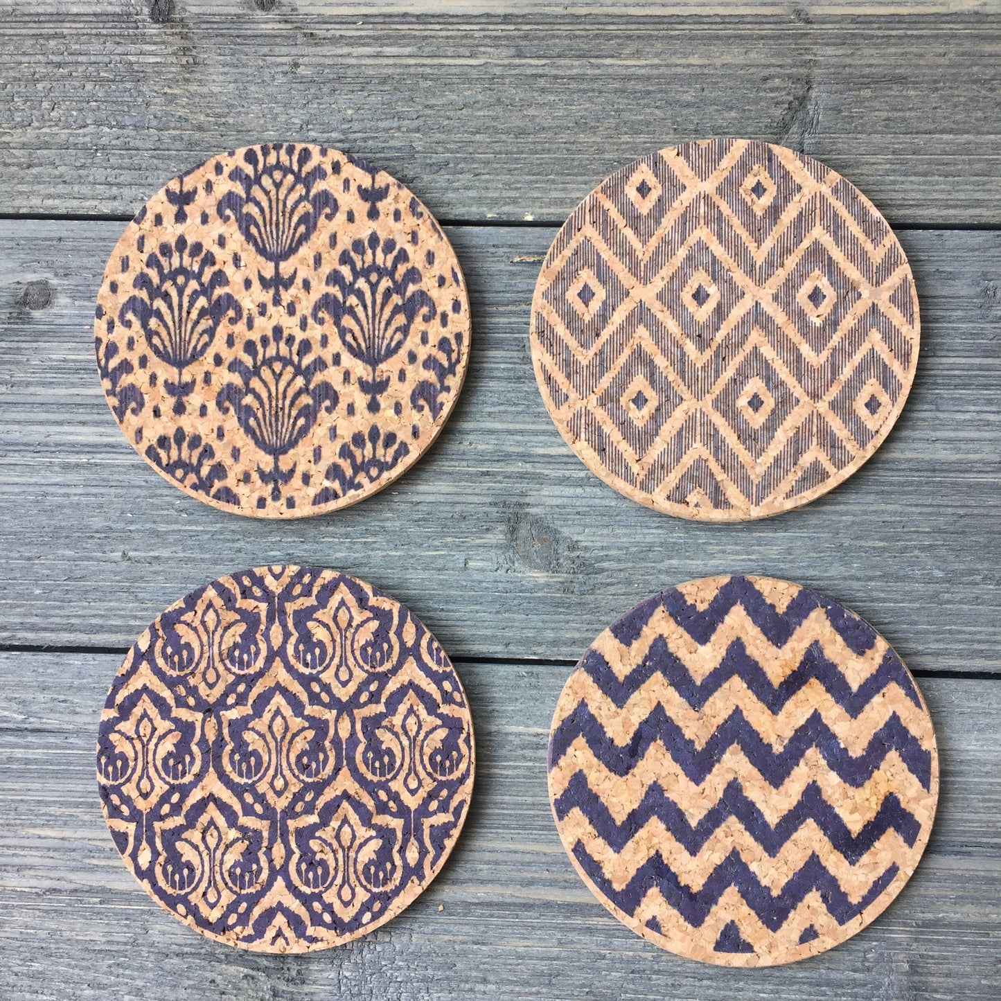 Blue Ikat Patterns Cork Coaster Set of 4