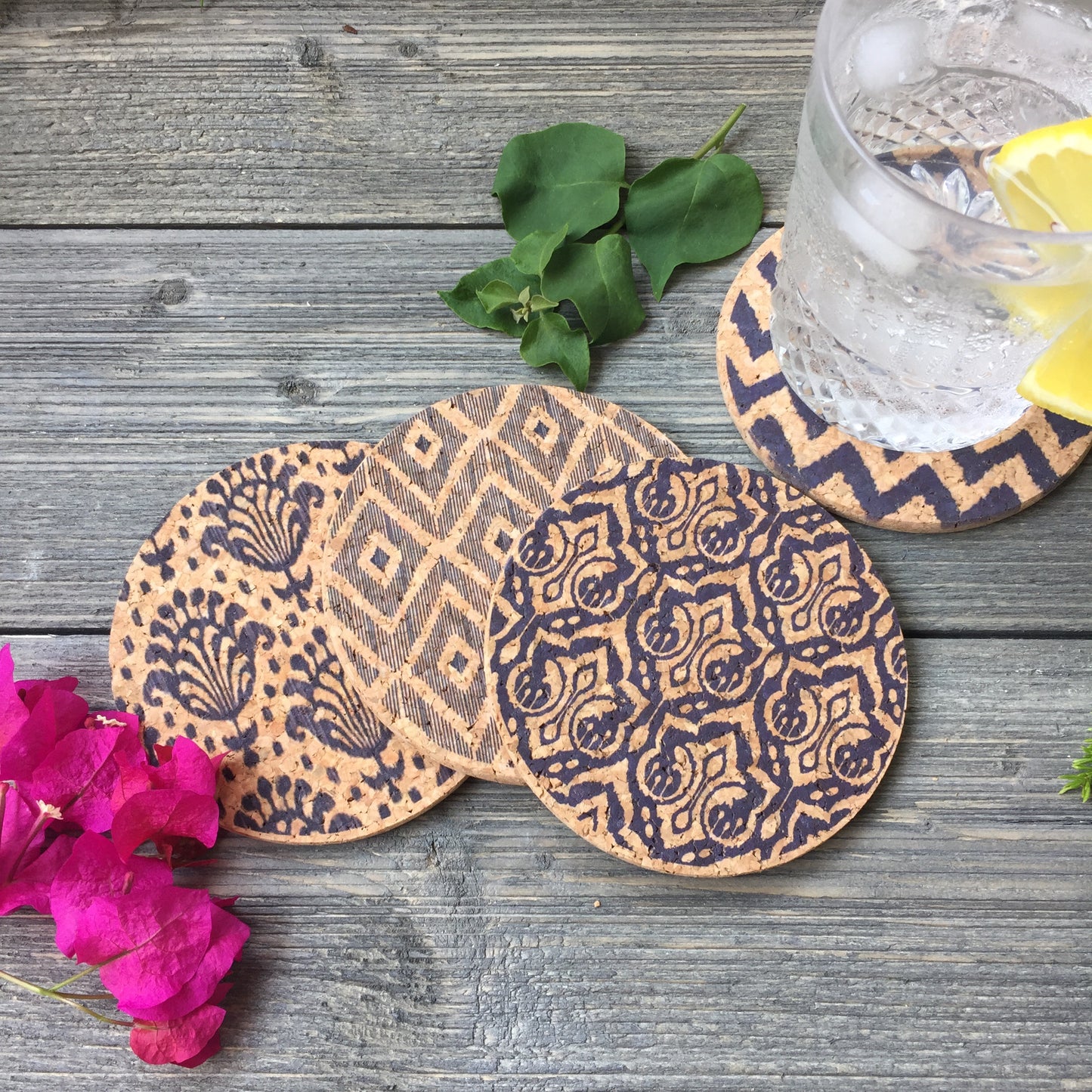 Blue Ikat Patterns Cork Coaster Set of 4