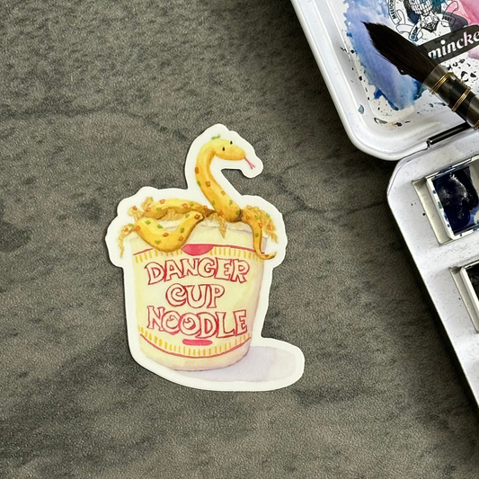 sticker of instant cup noodles with a snake sitting in it, watercolor art