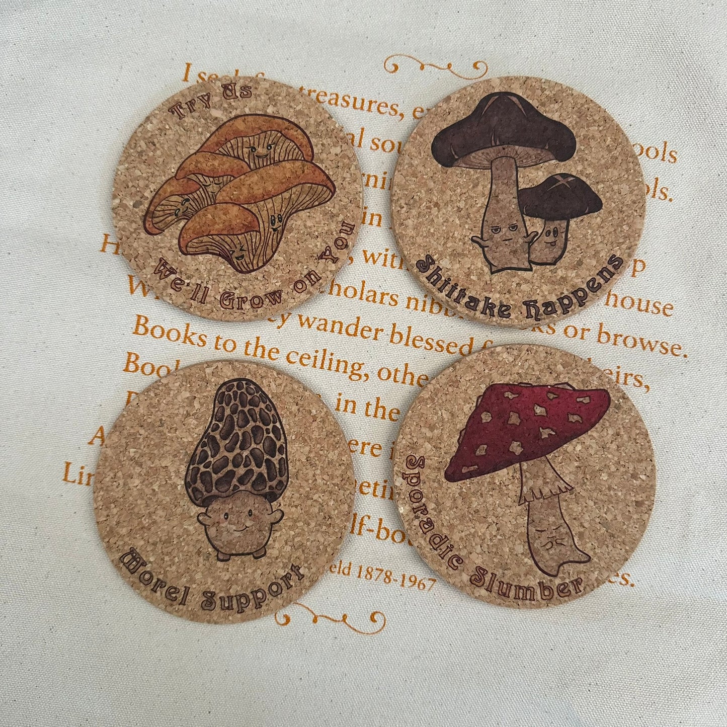 Punny Fungi Cork Coaster Set of 4