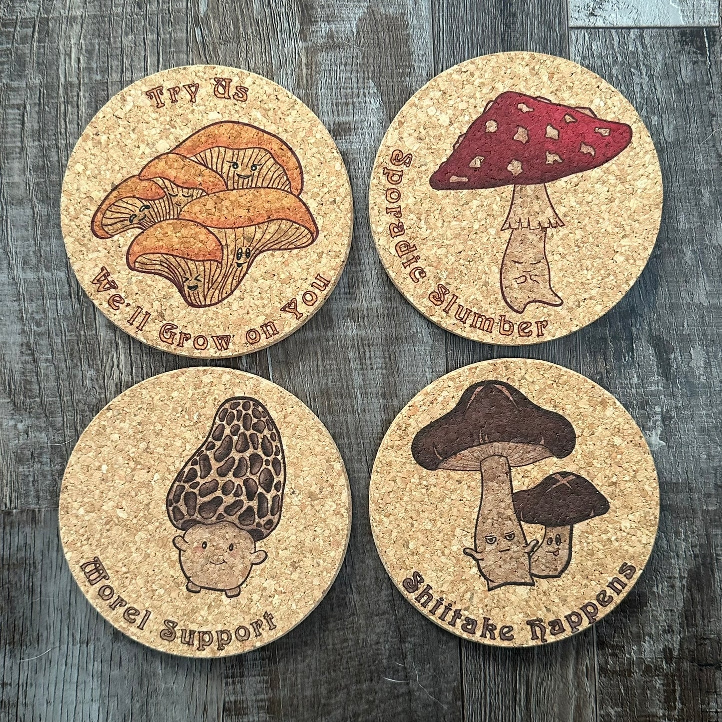 Punny Fungi Cork Coaster Set of 4