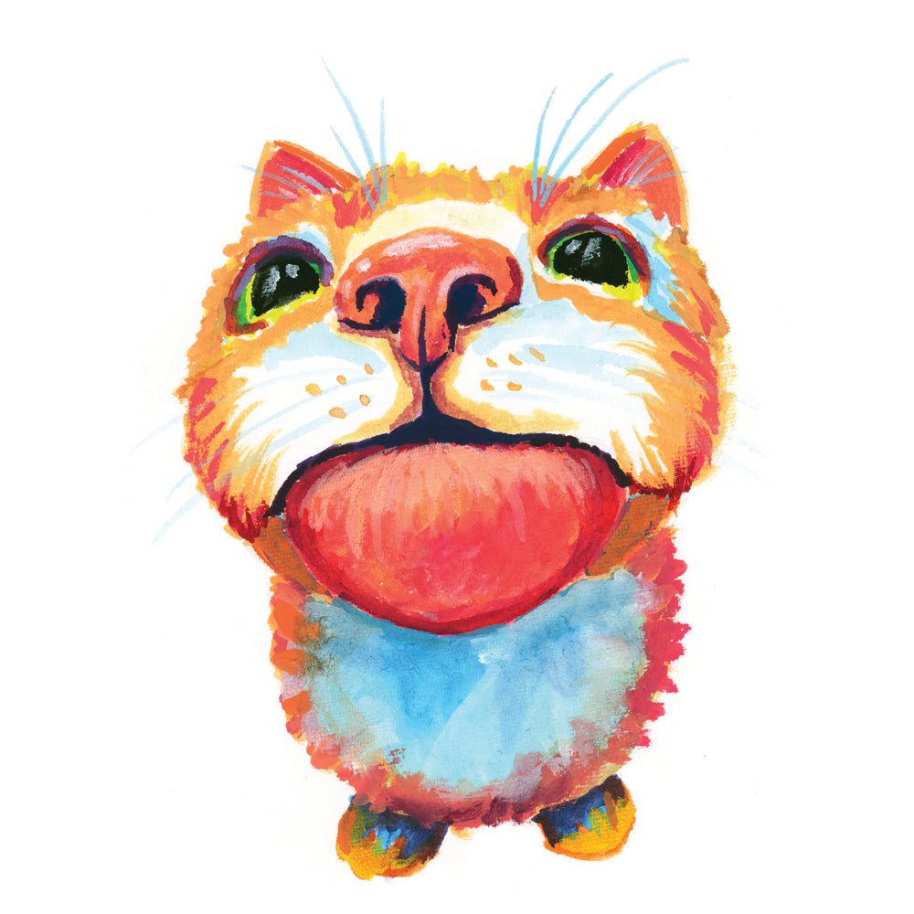 Acrylic gouache painting of close up look at an orange cat with its tongue sticking out