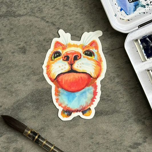 sticker featuring painting of an orange cat through a fish eye lens with tongue sticking out