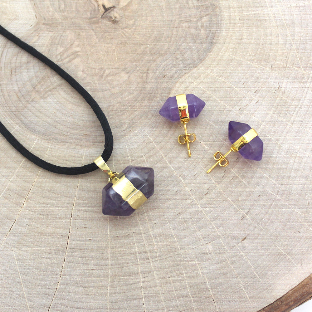 Faceted Gem Stud Earrings - Amethyst