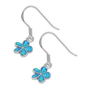 Silver Plumeria Flower Dangle Earrings with Blue Lab Opal