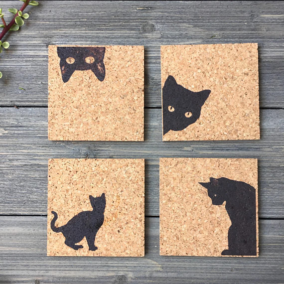 black cat design cork coasters set of four