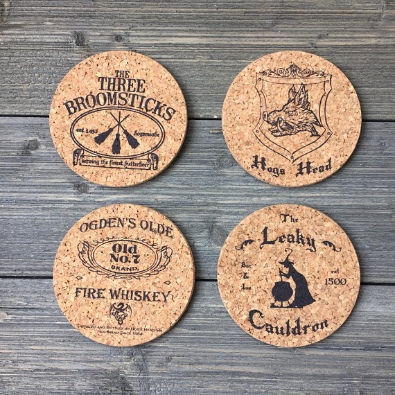 Witch and Wizard World Pub Themed Cork Coaster Set of 4
