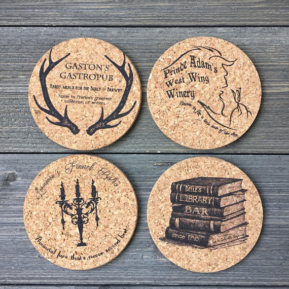 Beauty and the Beast Themed Cork Coaster Set of 4 Figment Fable