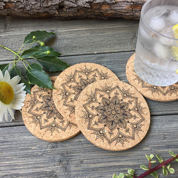Henna Flower Cork Coaster Set of 4