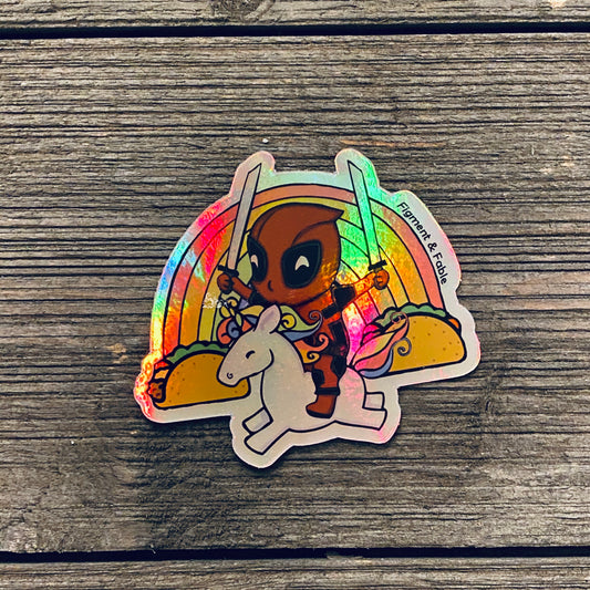 deadpool on unicorn and rainbow hologram vinyl sticker