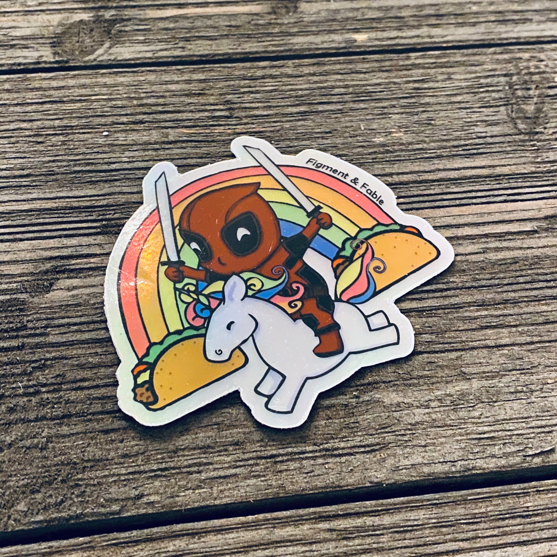 deadpool on unicorn and rainbow shiny vinyl sticker