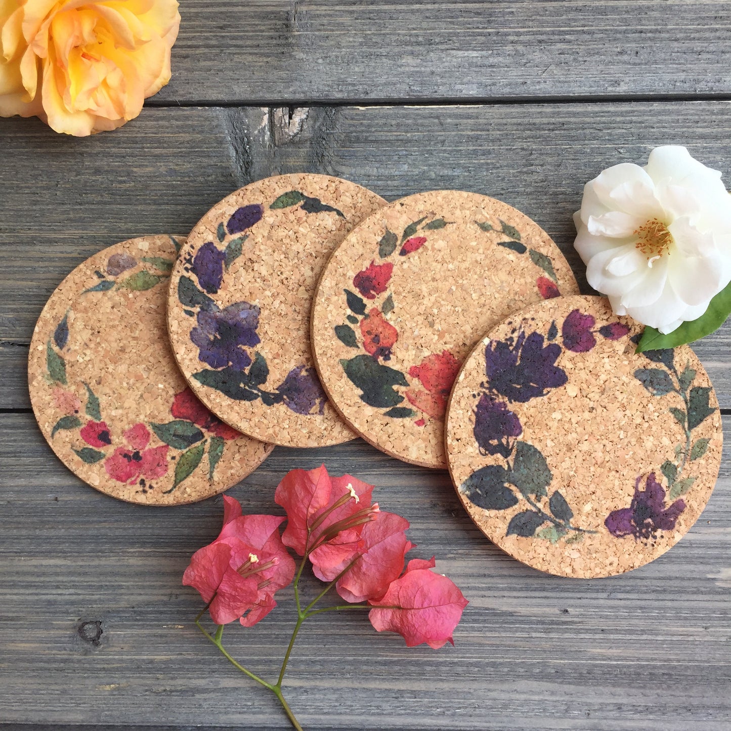 Flower Wreaths Cork Coaster Set of 4