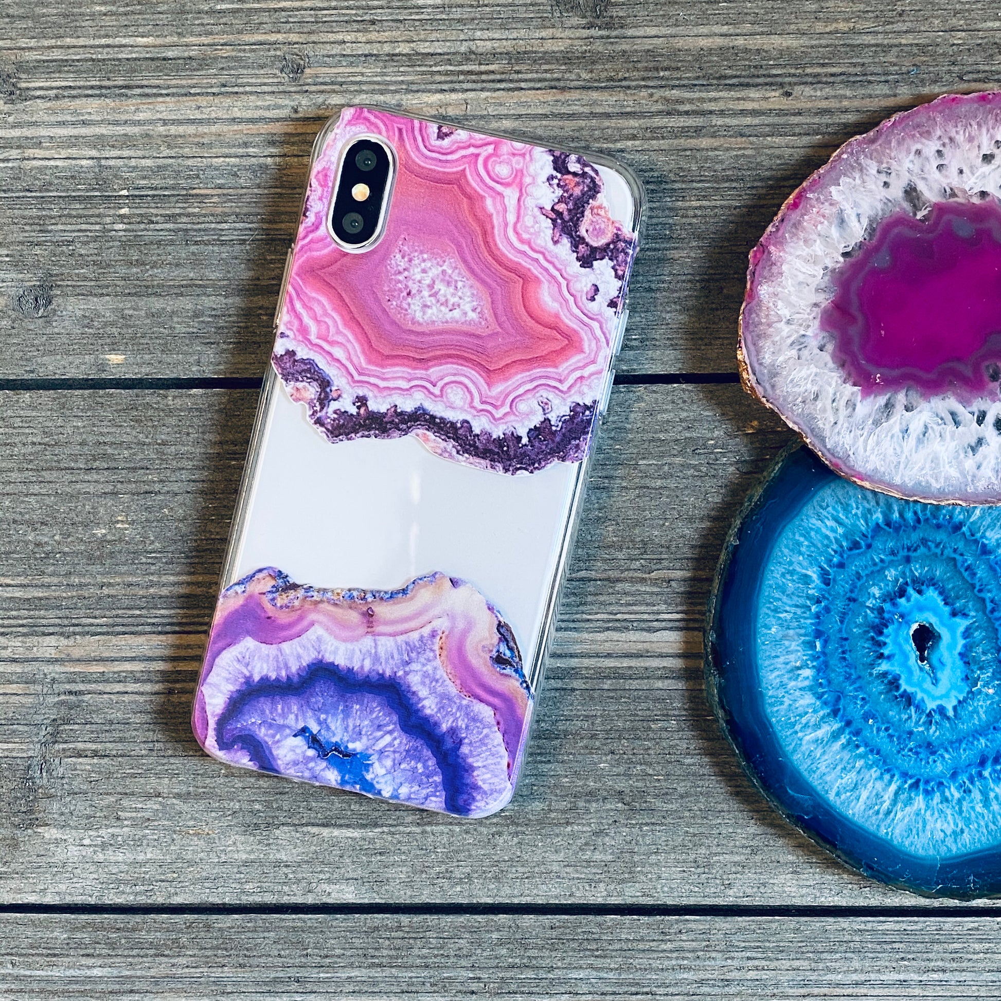 pink and purple agate geode phone case
