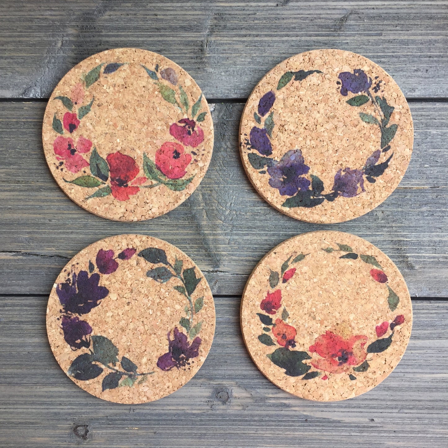 Flower Wreaths Cork Coaster Set of 4