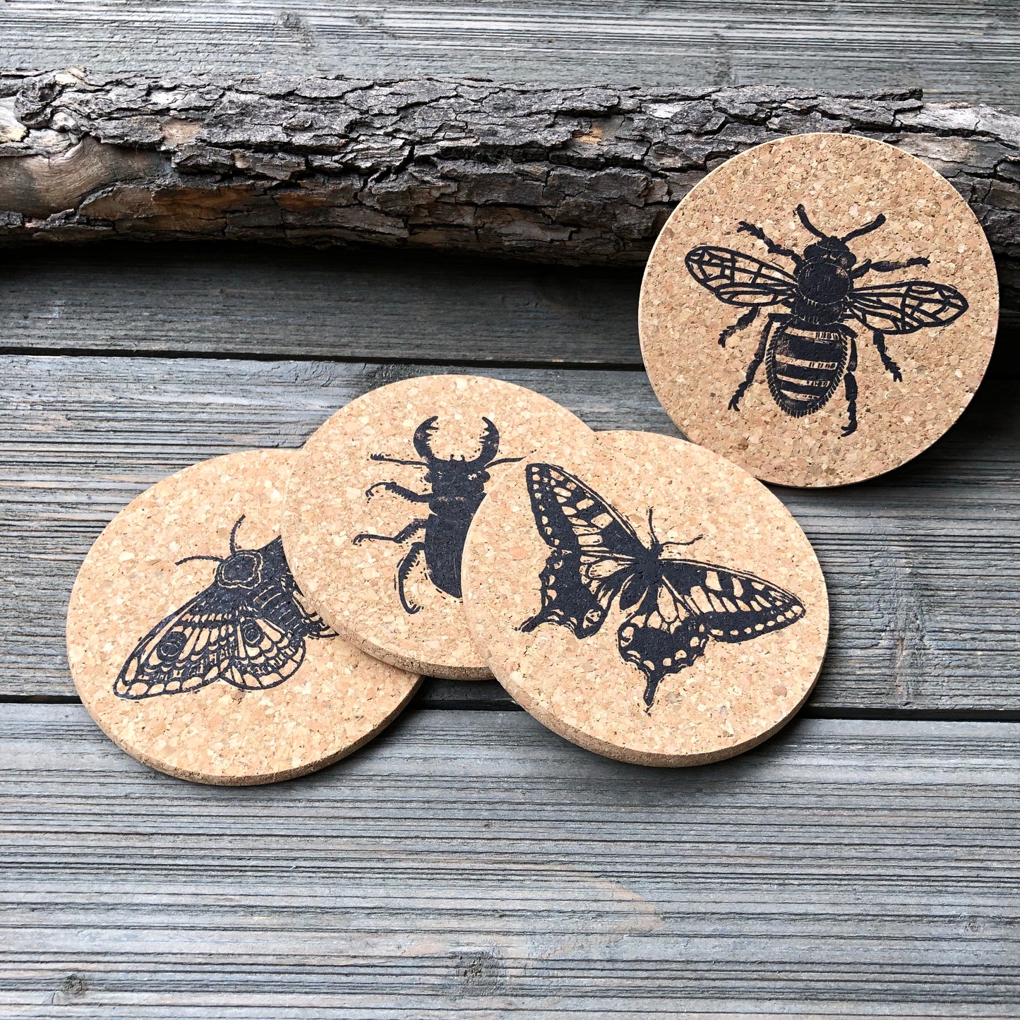 insect linocut art cork coasters