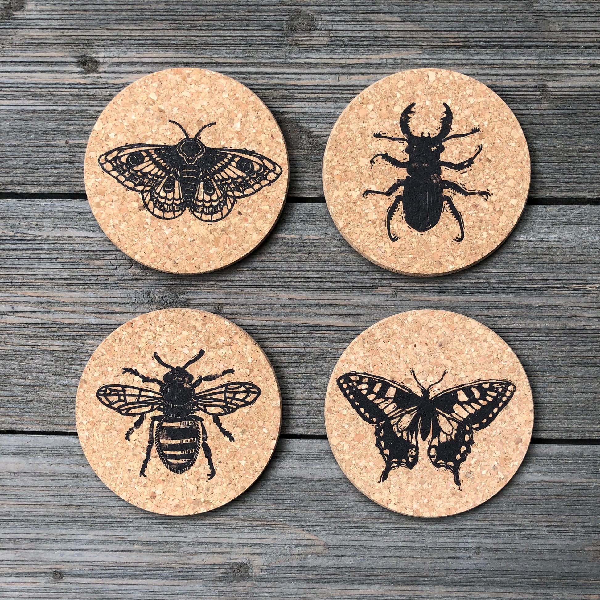 insect linocut art cork coasters