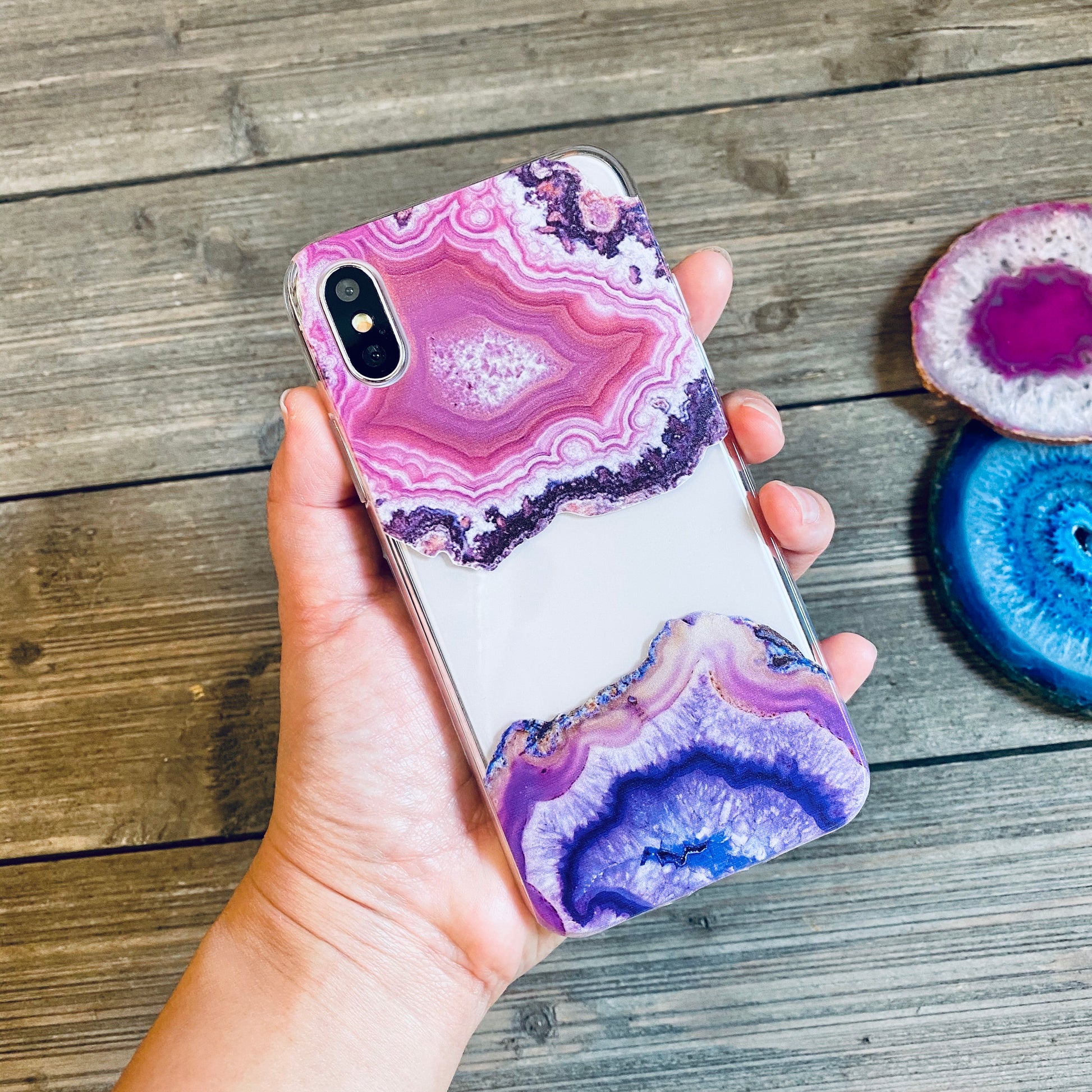pink and purple agate geode phone case